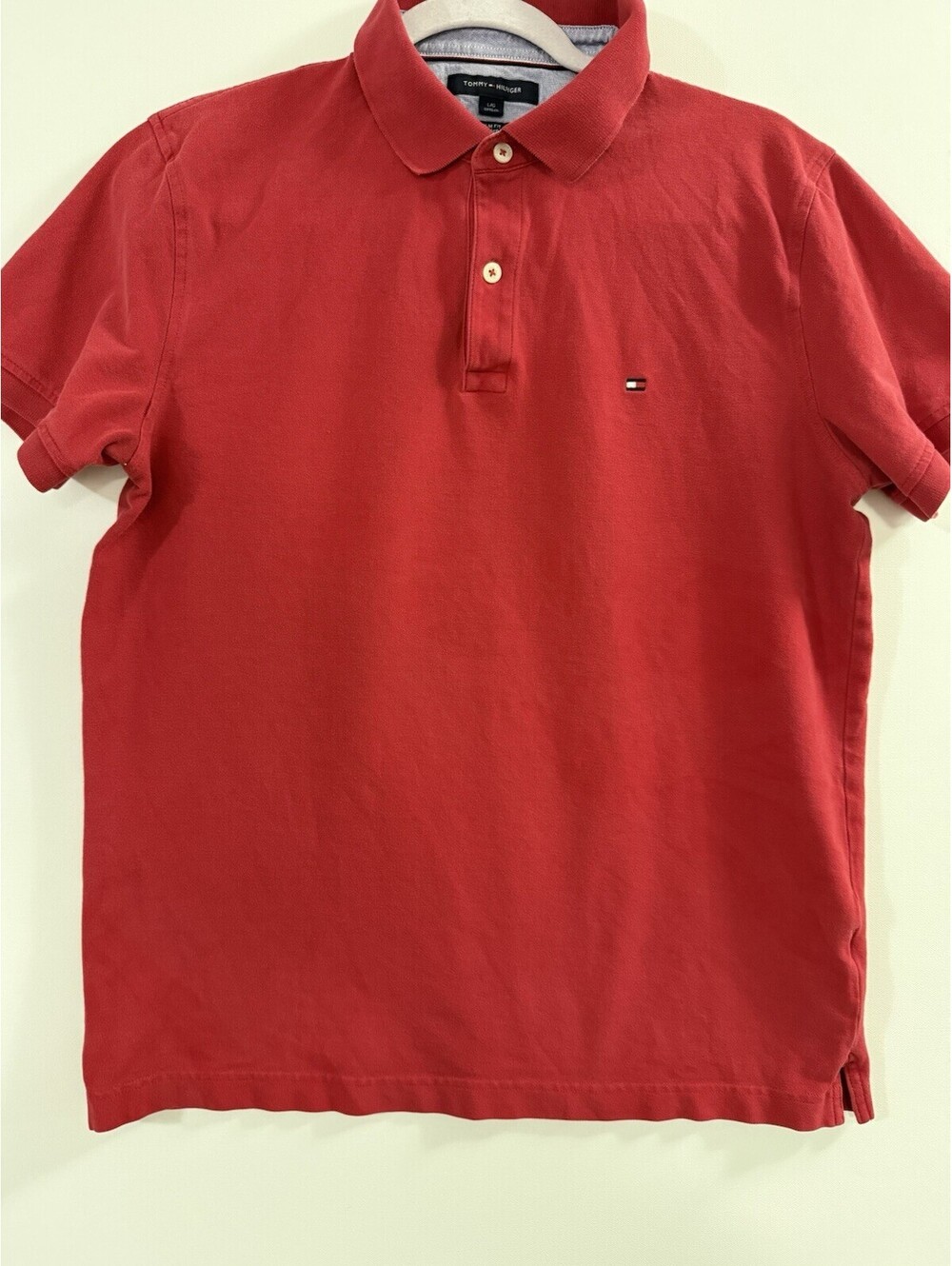 Tommy Hilfiger Mens Large L Red Slim Fit Pique Short Sleeve Flag Polo Shirt